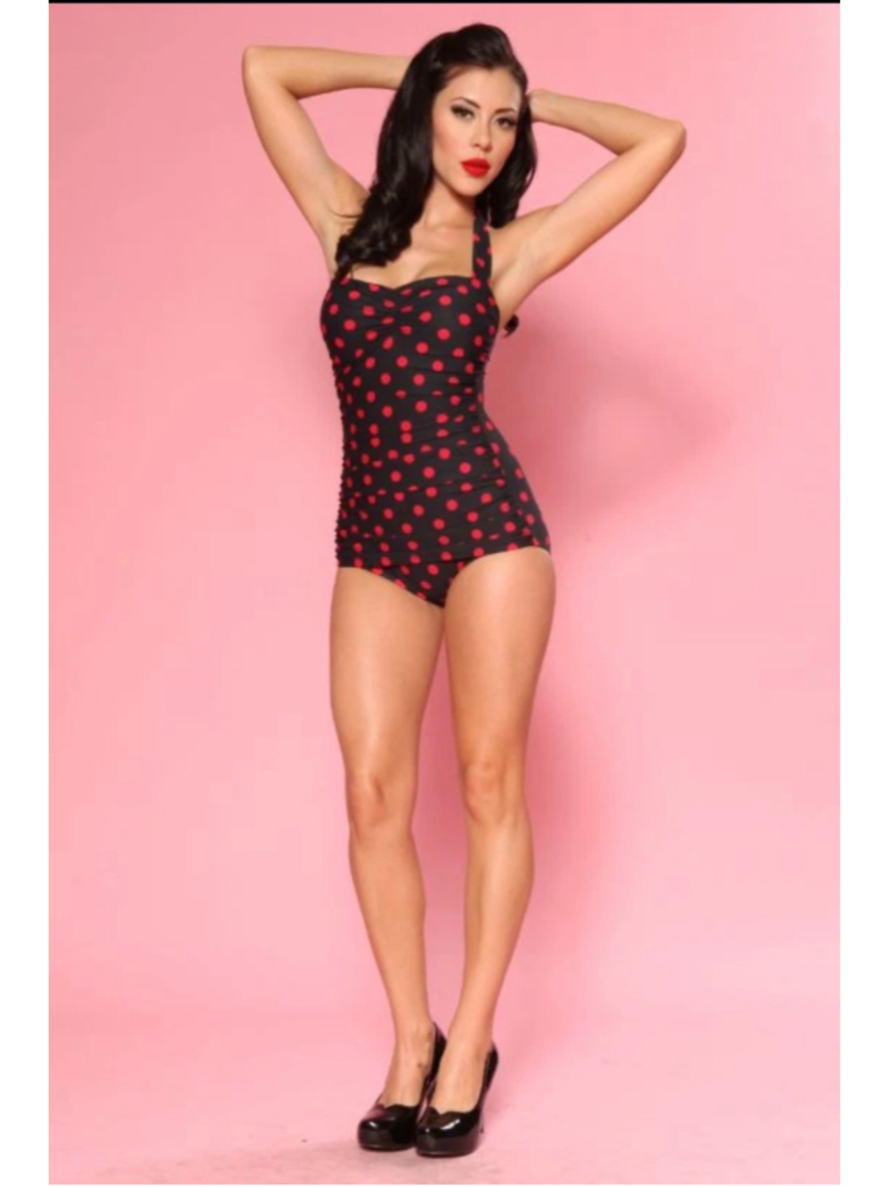 Women's Ester Williams Polka Dot One-Piece Swimsuit Black Red Size 12